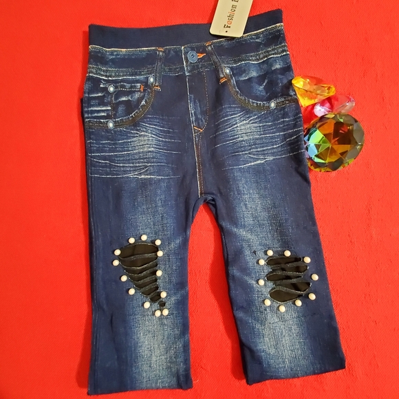 Boutique Pants - Distressed faux 'jeggings' faux pearl accents black and blue XS SMALL
